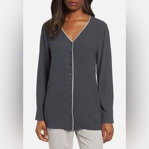 Eileen Fisher Gray Piped Silk Blouse Button Tunic  Size Medium MSRP $298